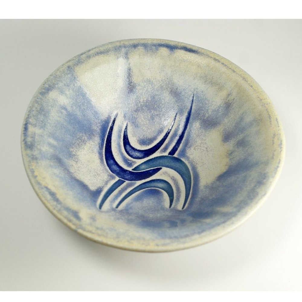 Blue Contemporary Modernist Abstract Footed Bowl